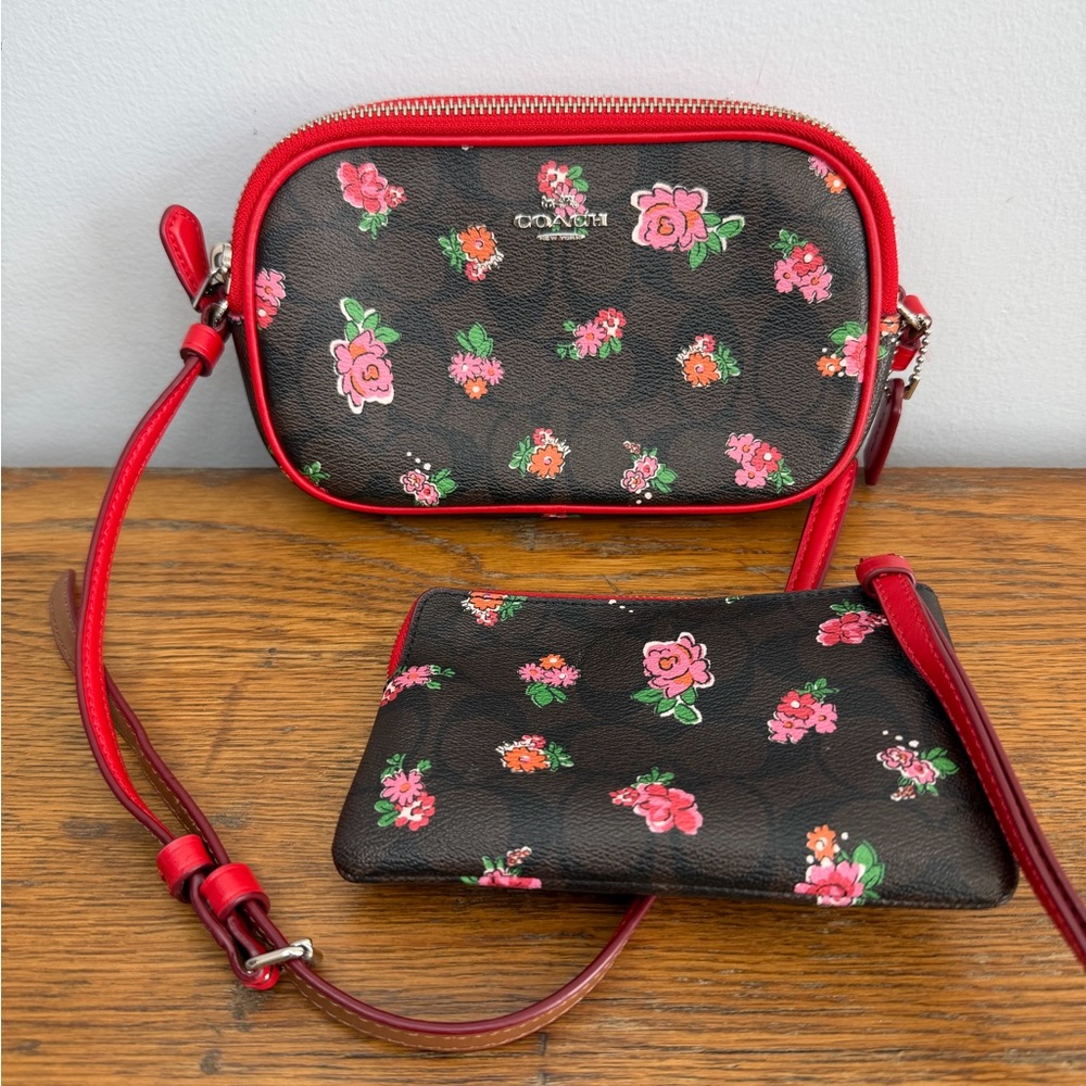 COACH Camera Crossbody Bag Signature Floral Print Brown Red.